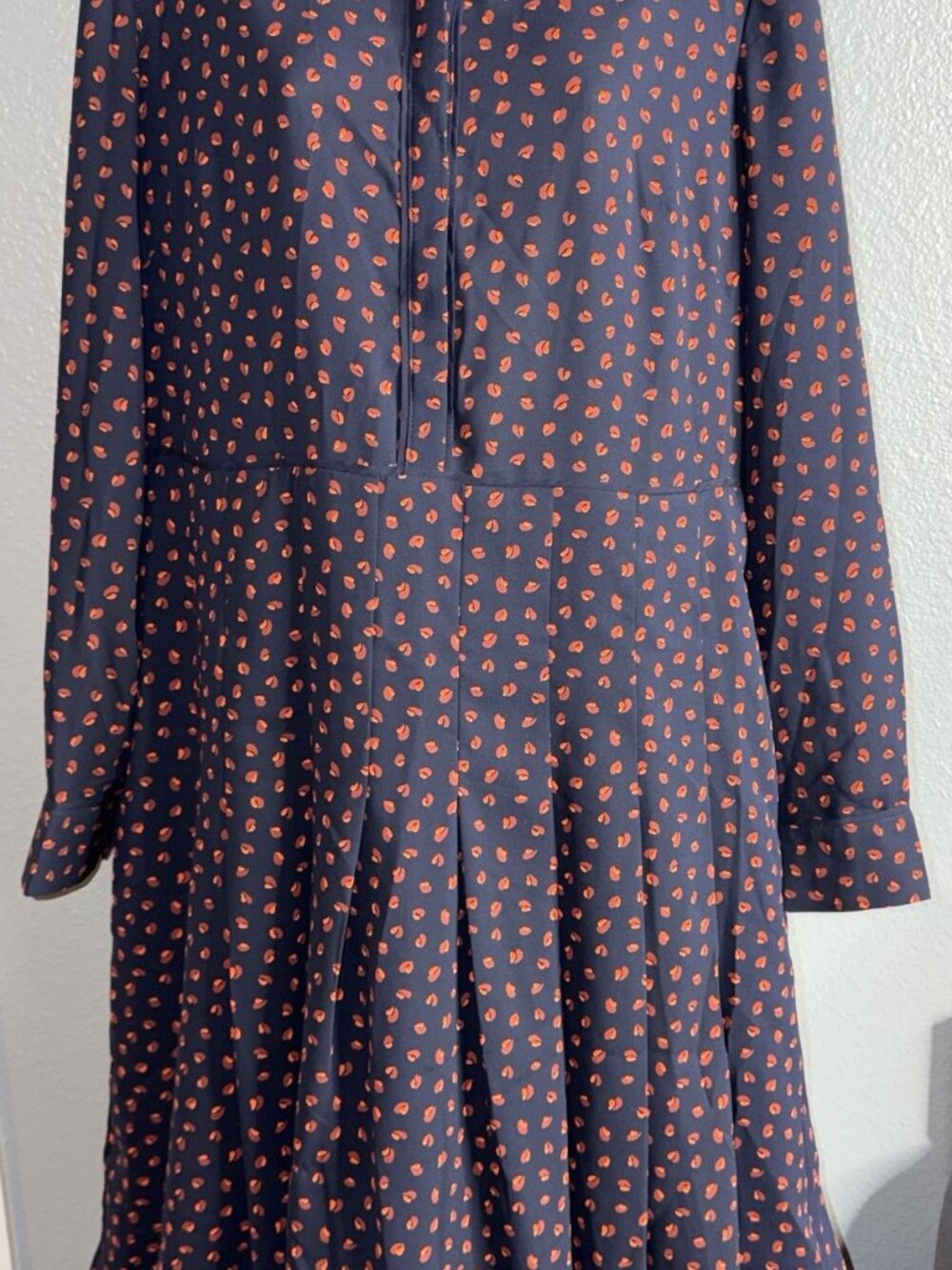 Ann Taylor Petite Shirt Dress Navy Rust Print Pleated Midi 12P